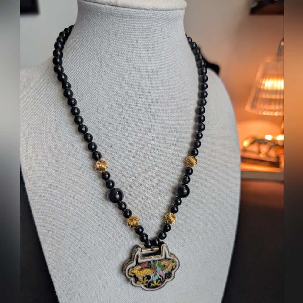 Vintage 925 Les Bernard Obsidian & Cloisonne Sterling Gold Necklace - Estate - Picture 13 of 14